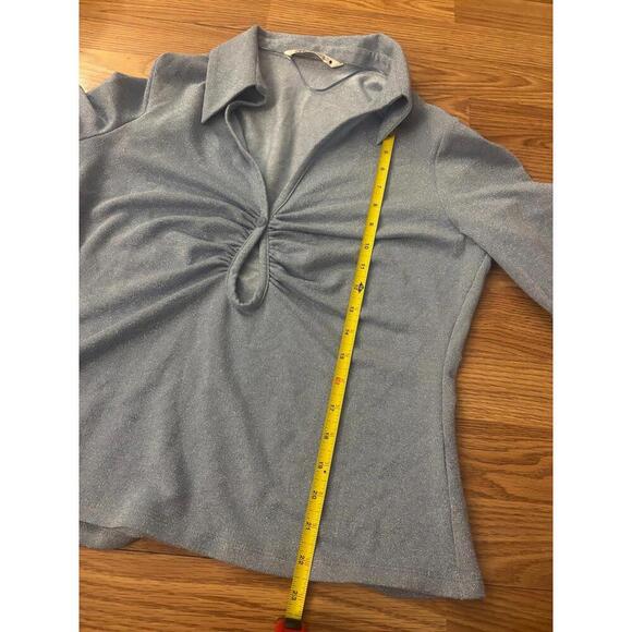 Zara Icy Blue Metallic Collared Keyhole Cutout Long Sleeve Top Size XL - Picture 7 of 8